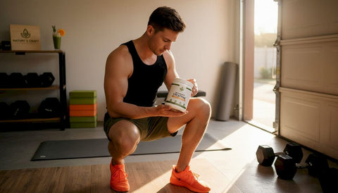 Man reading supplement label in home gym
