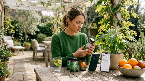 Woman reading supplement labels in kitchen
