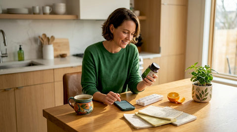 Woman checking supplement labels at kitchen table