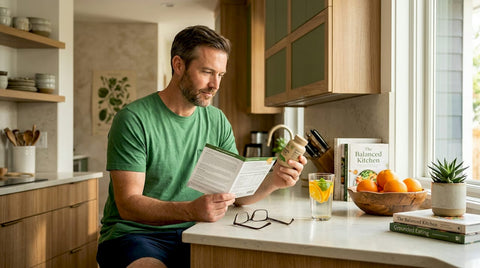 Man reading supplement label at kitchen table