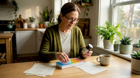 Woman sorting supplements at kitchen counter