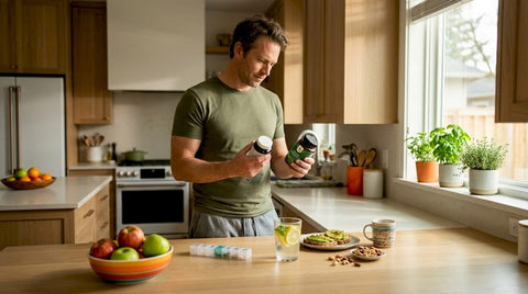 Man comparing supplement bottles in kitchen