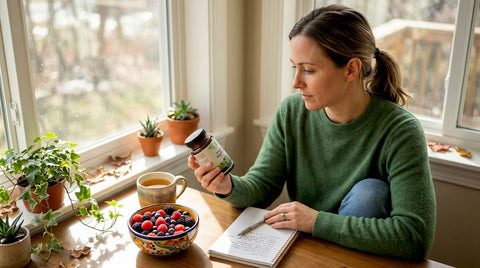 Woman reviews supplement in kitchen