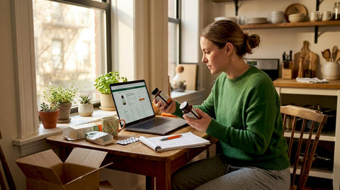 Woman researches supplements at kitchen table