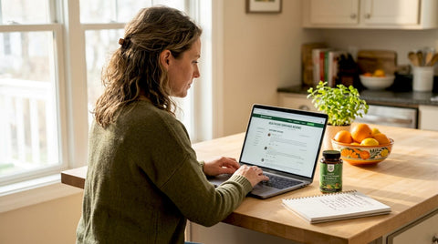 Woman researching supplements at home kitchen table