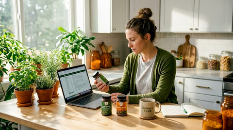 Woman reading supplement labels in kitchen
