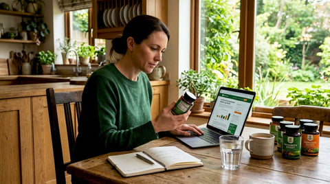 Woman verifying supplement label at kitchen table