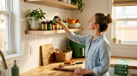 Woman reaching for supplement bottle on cluttered kitchen shelf