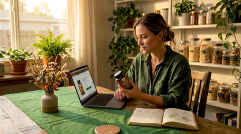 Woman comparing supplement to online listing