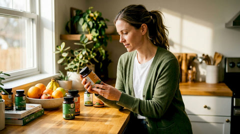 Woman reviewing supplement bottle at kitchen counter