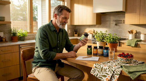 Man reading supplement label at kitchen counter