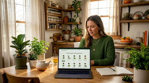 Woman browsing herbal supplement products on laptop