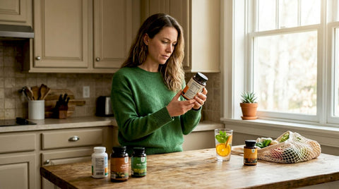Woman reading supplement bottle label in kitchen