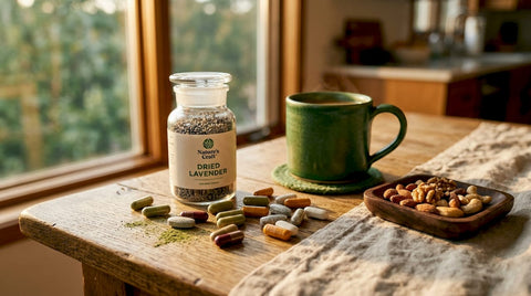 Close-up of whole food supplement capsules on wooden counter