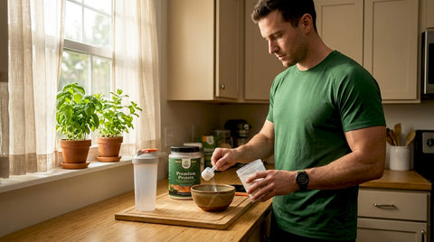 Man measuring creatine supplement in kitchen