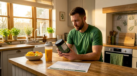 Athlete reading supplement label at kitchen table