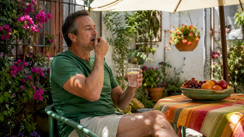 Man taking multivitamin capsule at kitchen table
