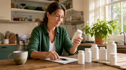 Woman comparing daily vitamin supplements at table