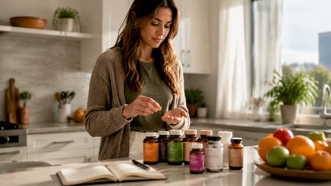 Woman sorting hair growth supplements at kitchen table