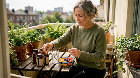 Woman preparing supplements at kitchen table