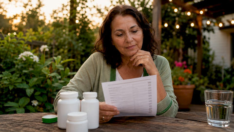Woman reviewing menopause supplements at home table