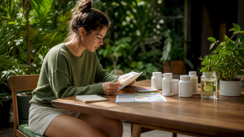 Woman examining metabolism booster supplements at kitchen table