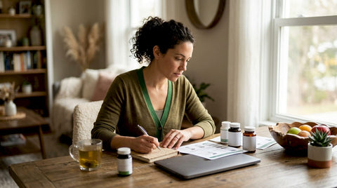 Woman comparing nutritional supplements at home table
