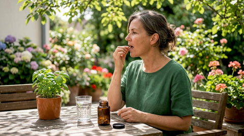 Woman placing sublingual supplement under tongue