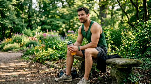 Man resting in home gym with protein shake