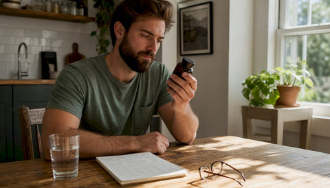 Man reading beard supplement label at kitchen table