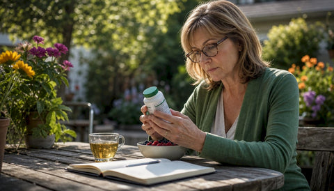 Woman reading bone supplement label at kitchen table