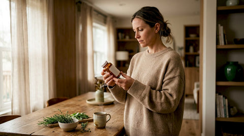 Woman reading omega supplement label in kitchen