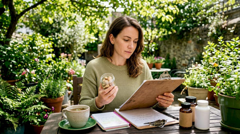 Woman at kitchen table with metabolism supplements