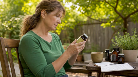 Woman reading adrenal fatigue supplement label