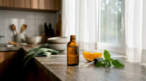 Dropper bottle of liquid supplement on kitchen counter