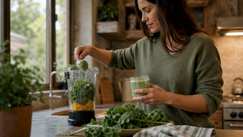 Woman preparing greens powder smoothie in kitchen