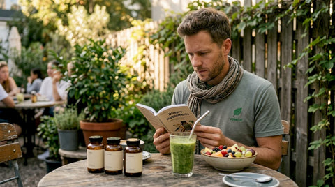 Man reading supplement information at kitchen table