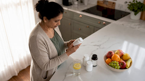 Woman reading supplement label at home office desk