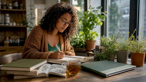Woman researching adaptogens with herbs and tea