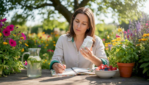 Woman reading collagen supplement label at kitchen table