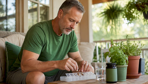 Man organizing joint supplements at kitchen table