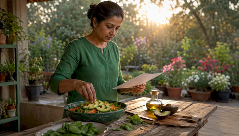 Woman preparing salad with fat soluble vitamins
