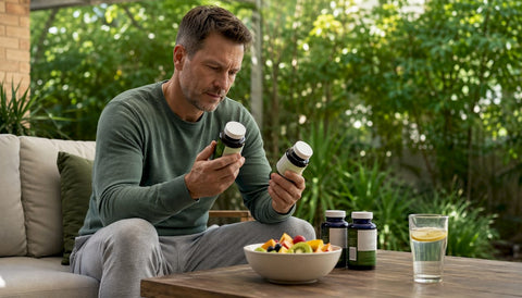 Man comparing digestive health supplements at table