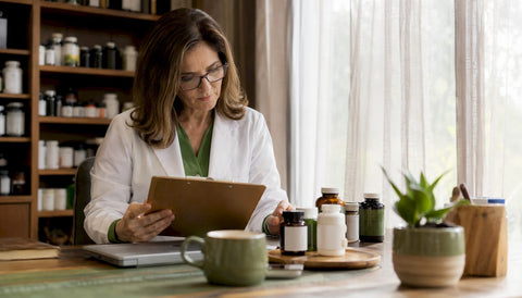 Pharmacist reviewing third-party tested supplements