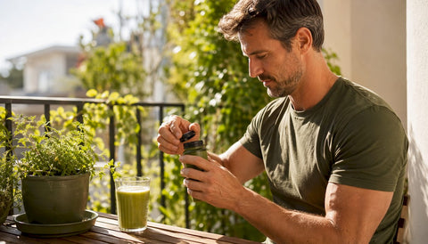 Man taking male energy supplements at kitchen table