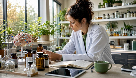 Scientist examining cognitive supplements in lab