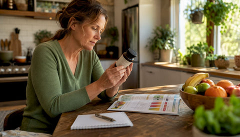 Woman reviewing vitamin B12 supplement at kitchen table