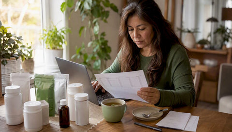 Woman comparing bulk supplement products at home table