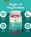 A bottle of Nature's Craft Magnesium Gummies Extra Strength in raspberry flavor, centered on a teal promotional background with the headline 'Magic of Magnesium' and four benefit icons for relaxation support, muscle support, mood support, and tasty flavor.