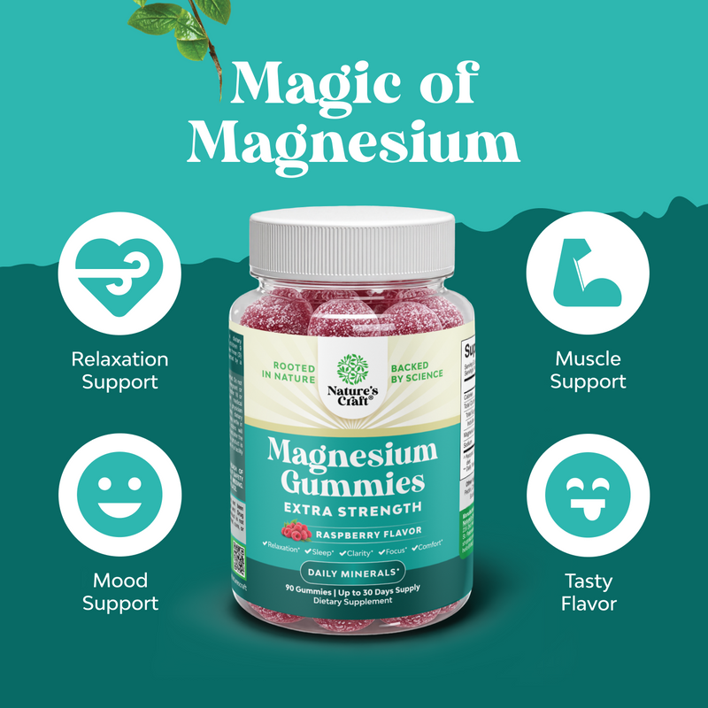 A bottle of Nature's Craft Magnesium Gummies Extra Strength in raspberry flavor, centered on a teal promotional background with the headline 'Magic of Magnesium' and four benefit icons for relaxation support, muscle support, mood support, and tasty flavor.